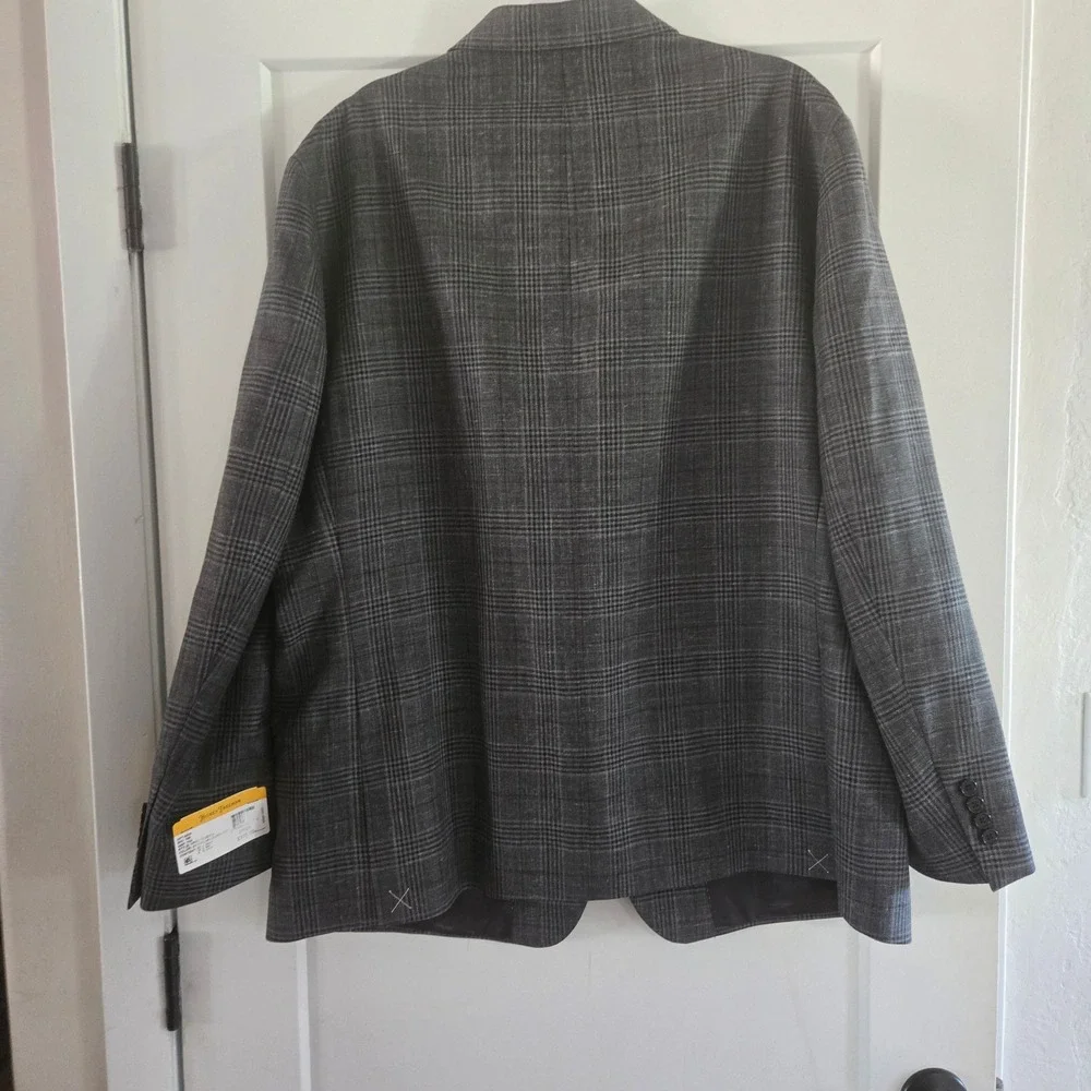 Hickey Freeman Blazer Mens 52R Grey Plaid Wool Silk Linen Classic Fit Sport Coat